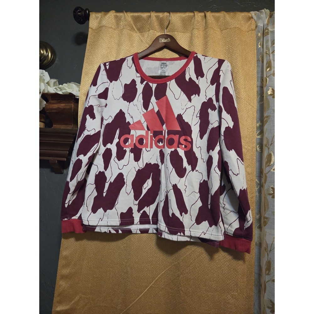 adidas Mens L Pullover Sweatshirt Burgundy White Logo Abstract Fleece Poly